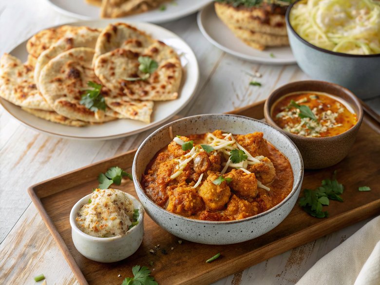 Whole cauliflower tikka masala with cheesy naans